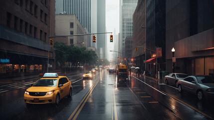 A rainy city street filled with lots of traffic and tall buildings. Generative AI