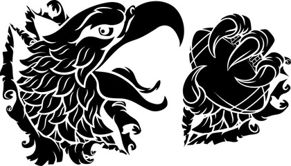 A bald eagle or hawk with claw talons holding an American football ball and ripping or tearing through the background. Sports Mascot