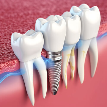 Dental teeth implant insert to gum. 3D rendering