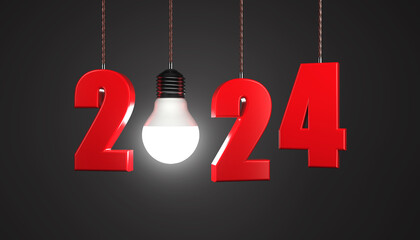 New Year 2024 Creative Design Concept with LED bulb - 3D Rendered Image	