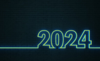 New Year 2024 Creative Design Concept with neon Light- 3D Rendered Image	
