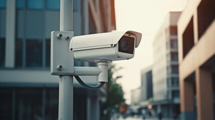 Security camera on modern building. Professional surveillance cameras. CCTV on the wall in the city. Video equipment for safety system area control outdoor. Generative AI
