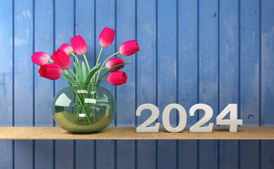 New Year 2024 Creative Design Concept with flower - 3D Rendered Image	
