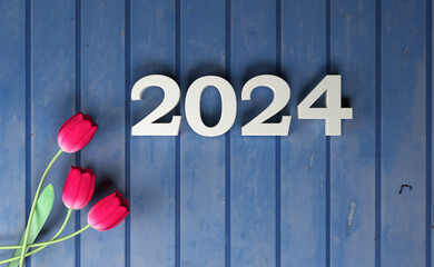New Year 2024 Creative Design Concept with white flower - 3D Rendered Image	
