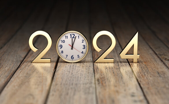 New Year 2024 Creative Design Concept with clock - 3D Rendered Image	
