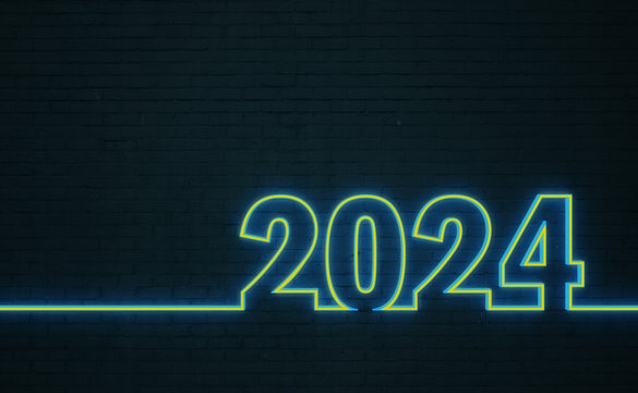 New Year 2024 Creative Design Concept with neon Light- 3D Rendered Image	
