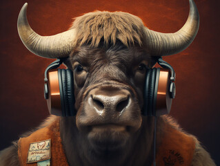 Portrait of a bison wearing vest and headphones listening to music - Brown colors and leather background -  Generative AI - obrazy, fototapety, plakaty