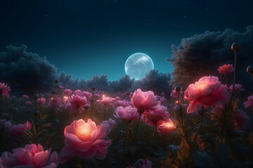 blooming field of pink peonies at full moon night