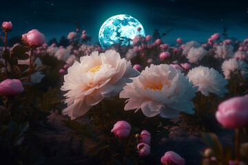 Fototapeta na wymiar blooming field of pink peonies at full moon night