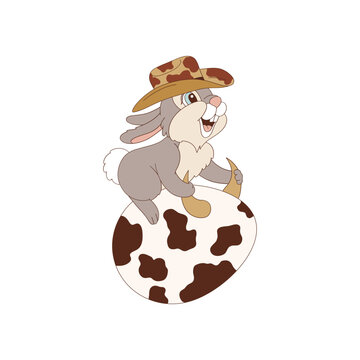 Cute cartoon cowboy bunny rodeo on Ester egg vector illustration. Western Easter aesthetic print design. 