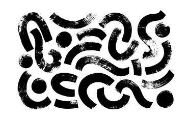 Circular bold brush strokes with circles. Hand drawn vector arches and thick dots. Black bold brush strokes, wavy thick lines. Hand drawn grunge curved lines. Calligraphy Japanese smears.
