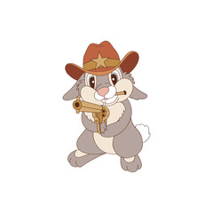 Cute cartoon cowboy bunny duel vector illustration. Western Easter aesthetic print design. 