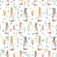 Bottles and glasses with pink champagne, with festive ribbons. Watercolor illustration. Seamless pattern on a white background from a large set of HAPPY BIRTHDAY. For congratulations and gifts