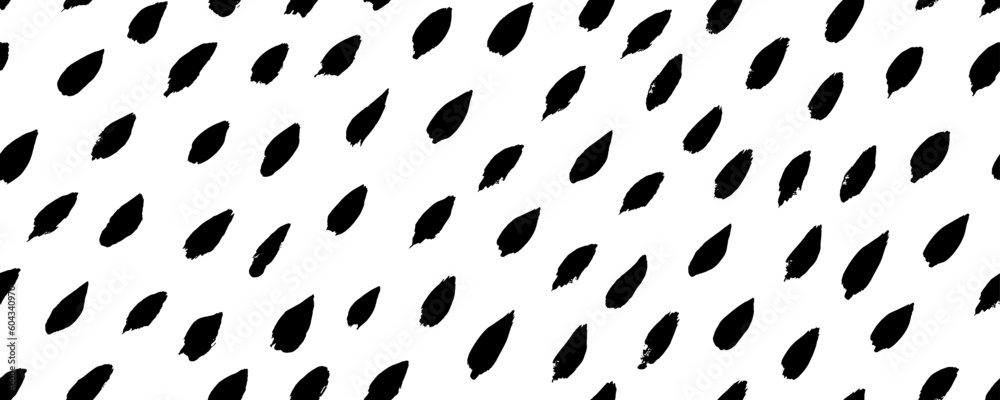 Poster Seamless banner with dashed strokes. Brush drawn blobs. Rain pattern with diagonal strokes, rounded hand drawn lines. Vector rain drops texture. Black and white abstract background. Simple texture.