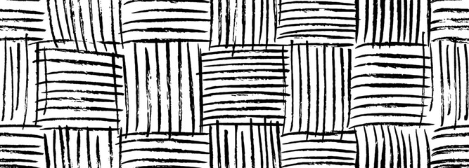 Grunge weave seamless pattern. Interlacing bands, thin texture vertical and horizontal lines. Black and white vector wicker texture. Abstract stylish background with hand drawn black ink lines. - obrazy, fototapety, plakaty