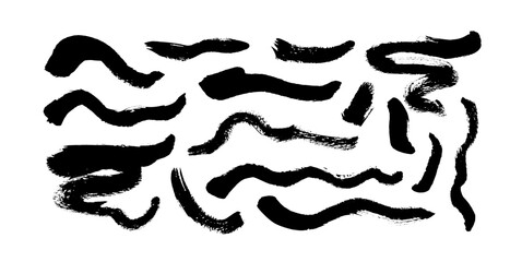 Black paint wavy brush strokes vector collection. Curved bold brush strokes and thick lines. Modern grunge rough lines isolated on white background. Calligraphy vector smears. Black paint wavy smears.