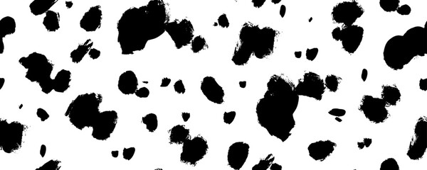 Dalmatian animal fur seamless pattern. Brush drawn spot background. Simple irregular geometric design. Vector ink dot seamless banner. Cow texture pattern. Random bovine spots or blots. - obrazy, fototapety, plakaty