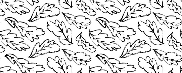 Outline oak leaves seamless pattern. Hand drawn simple botanical ornament. Brush drawn foliage pattern. Horizontal botanical banner design. Abstract black oak leaves. Scribble and scratch drawing.  - obrazy, fototapety, plakaty