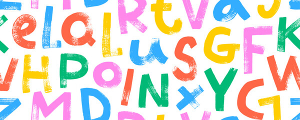 Scattered colored letters alphabet seamless pattern. Vector typography background. Grunge bold font with dry brush texture. Childish style capital letters in bright colors. Handdrawn typography banner
