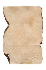 Sheet of old grungy burnt crumpled paper isolated on white background