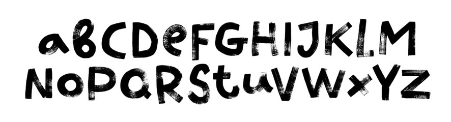 Grunge bold letters collection. Hand drawn childish style vector letters. Handwritten latin capital font. Modern brush calligraphy. Detailed textured characters with a rough inked brush texture.