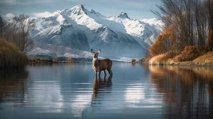 A deer standing in front of a mountain lake with a reflection of it's antlers in the water with snow capped peaks in the background. Generative AI