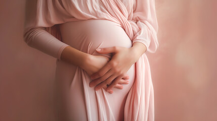 Pregnant woman in dress holds hands on belly. Pregnancy, maternity, preparation and expectation concept. Close-up, copy space, indoors. Beautiful tender mood photo of pregnancy.