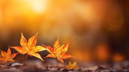 Naklejka na ściany i meble Autumn leaves background, blurred red and orange leaves, fall leaves in the sun, season of nature. Generative AI.