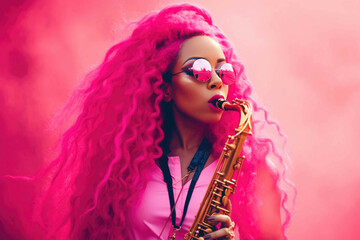 A female saxophonist dressed in pink at a concert. Generative AI