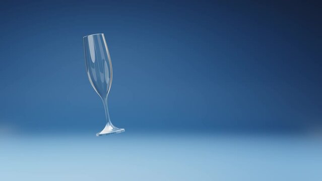 Empty Single Flute Glass Spinning on a Studio Blue Background, Seamless Loop 3D Animation with Copy Space