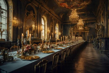 Fotobehang The grand hall was the scene of a royal banquet, with a long, polished table surrounded by velvet chairs. Generative AI © AIproduction