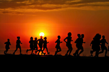 People run with a sunset. Generative AI