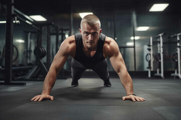 Fototapeta na wymiar Man doing a push-up on a mat in a gym. Generative AI
