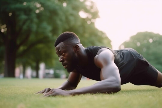Fitness, stretching and black man in park for workout, training or running motivation, energy and sports mindset. Generative AI