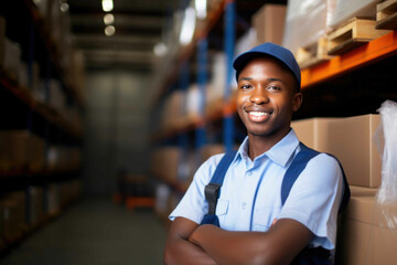 Portrait of African American worker in warehouse, International export business concept. Generative AI