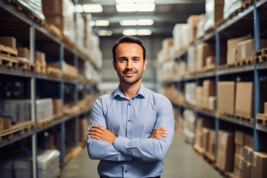Smiling portrait of a male supervisor standing in warehouse with his arm crossed looking at camera. Generative AI