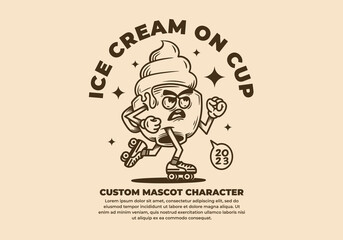 Vintage mascot character design of ice cream on cup