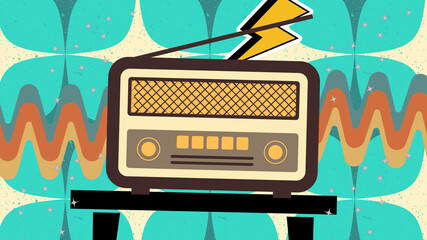 Retro vintage poster of old radio playing on pop art background