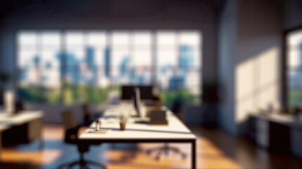 Blurred Office Workspace with Cityscape for Business Presentations. created with Generative AI