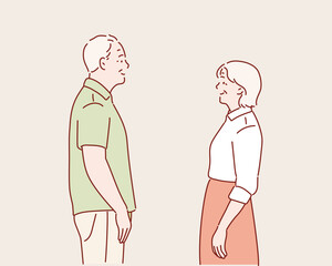 Elderly couple standing together. Grandfather with walking stick and grandmother. Hand drawn style vector design illustrations.
