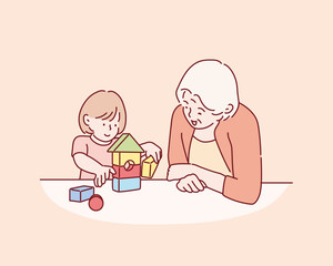 Caring mature grandmother and little girl playing with toys together, building colorful blocks constructions. Hand drawn style vector design illustrations.