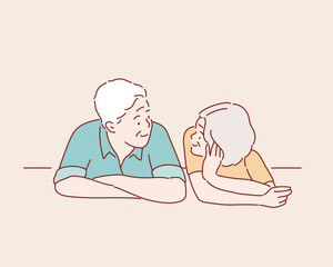  Happy old couple lies on the floor.  Hand drawn style vector design illustrations.