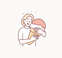 woman hugging a ice cream. Hand drawn style vector design illustrations.