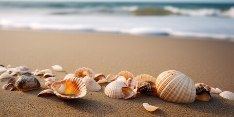 Fototapeta na wymiar Seashells on the sand of the beautiful sea coastline. Generative AI