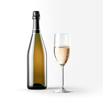 A sophisticated glass of prosecco wine with a bottle, isolated on a white background, created by Generative AI