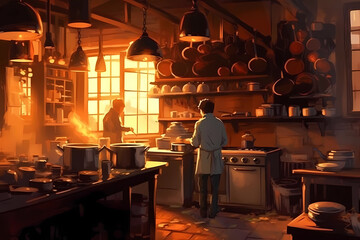 A cozy, rustic kitchen scene. generative AI