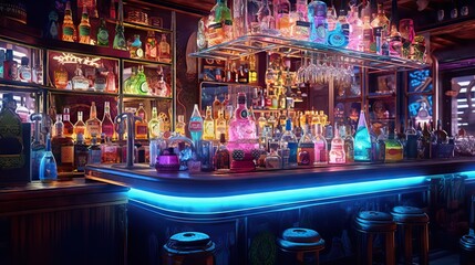 A modern bar in a nightclub with attractive drinks and lights, exuding energy and nightlife vibrance. Generative AI.