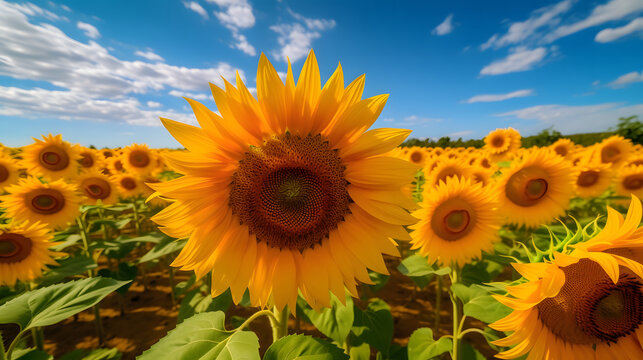 a dense field of vibrant sunflowers stretching towards the horizon. generative AI