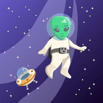 Alien illustration. Green man, stars, ufo, spacesuit. Editable vector graphic design.