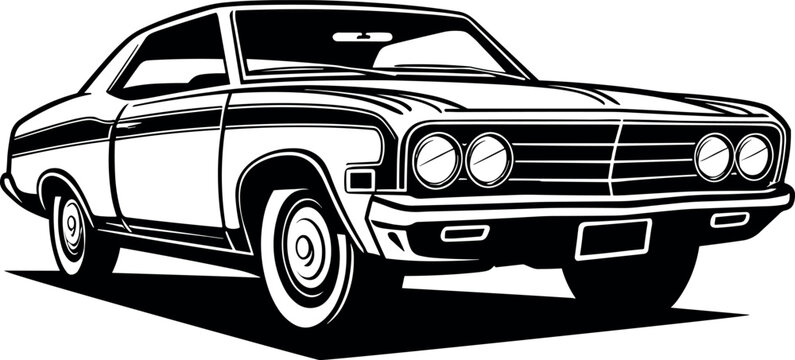seventies american retro-car in black over white